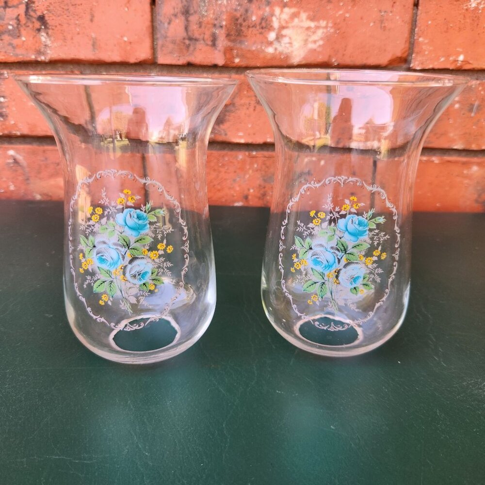 Vintage Hurricane Glass Floral Hand Painted Blue Flowers Oil Lamp Shade